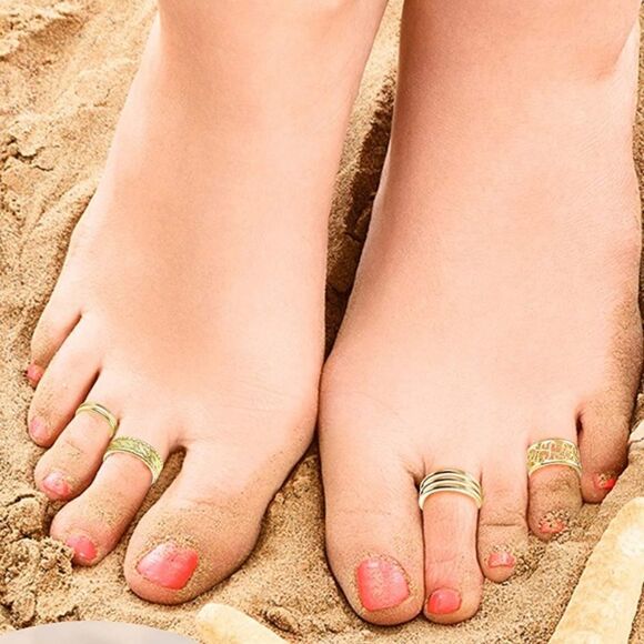 14K Yellow Gold Adjustable Boho Open Toe Rings - Set of 12 - Picture 5 of 6